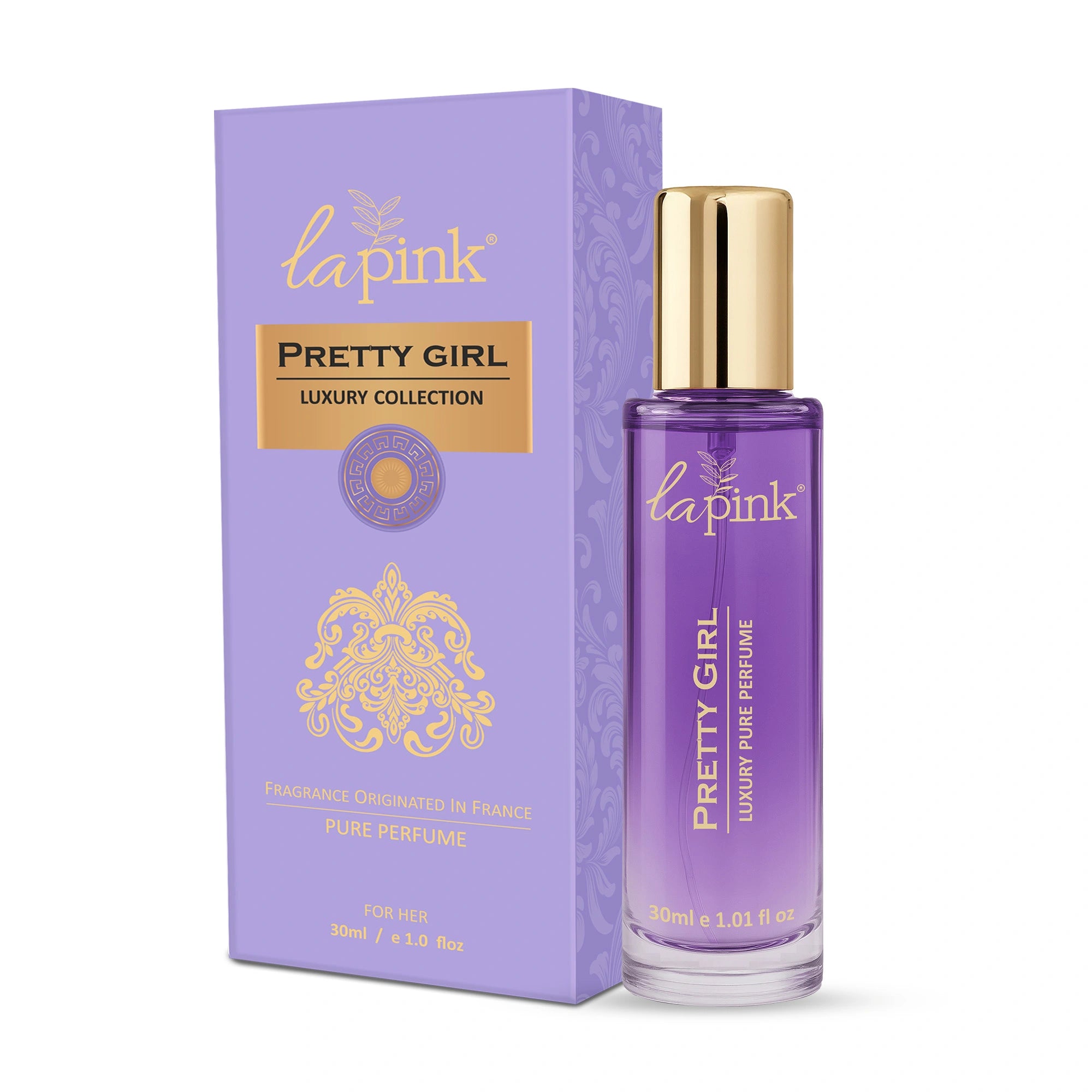 Purple perfume bottle with gold cap and &