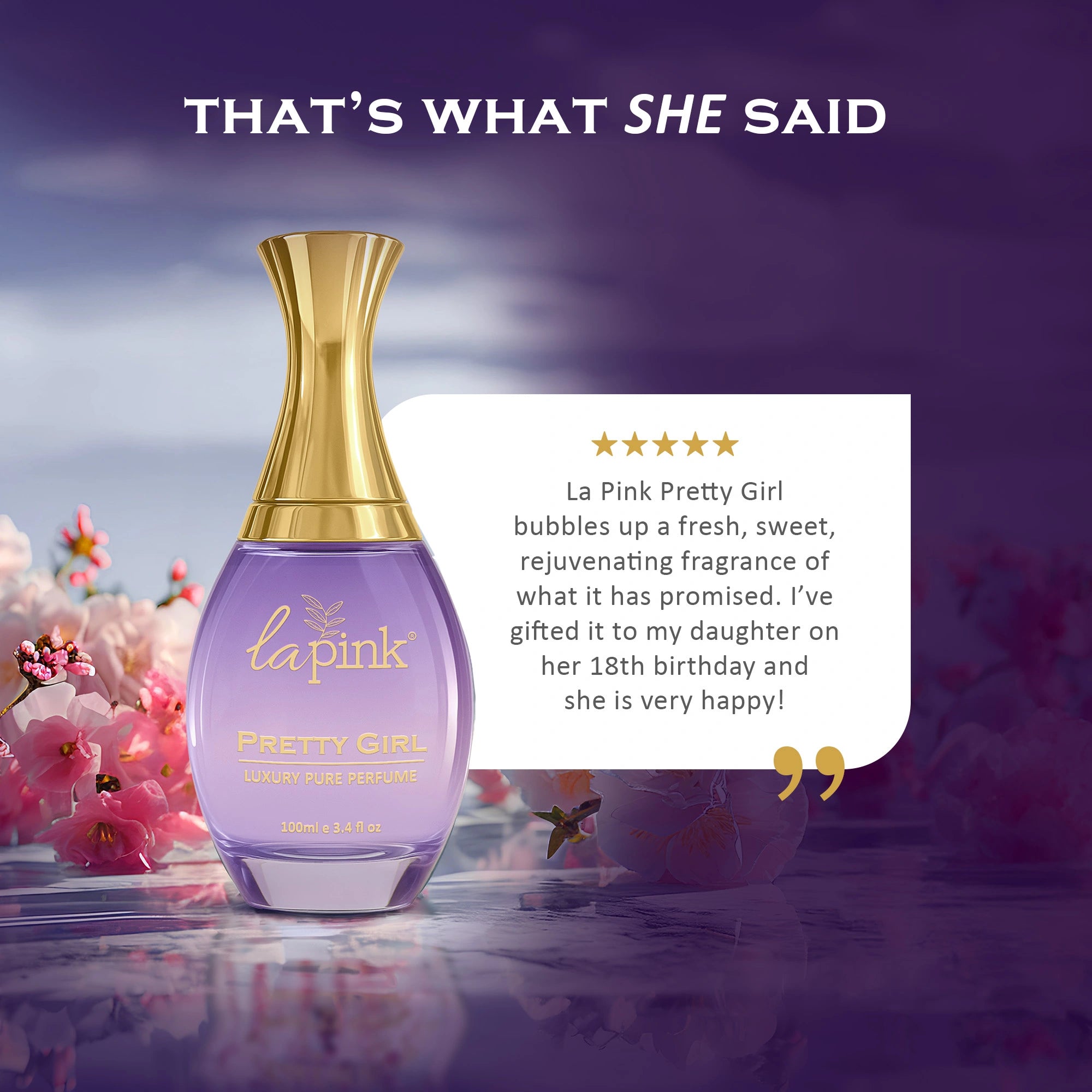 La Pink Pretty Girl perfume bottle with a review on a scenic background