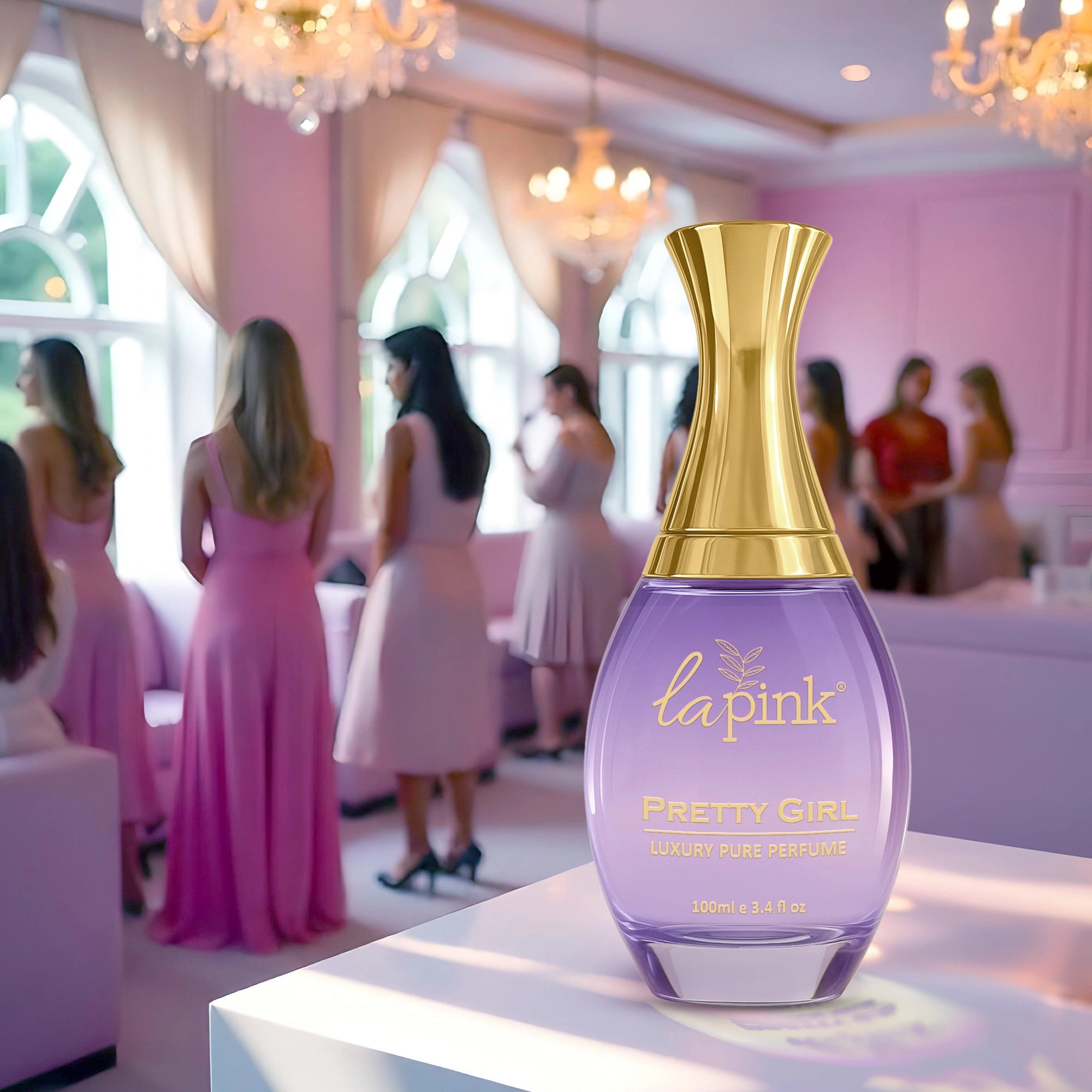 Lapink Pretty Girl perfume bottle on a table with a blurred background of people in formal attire.