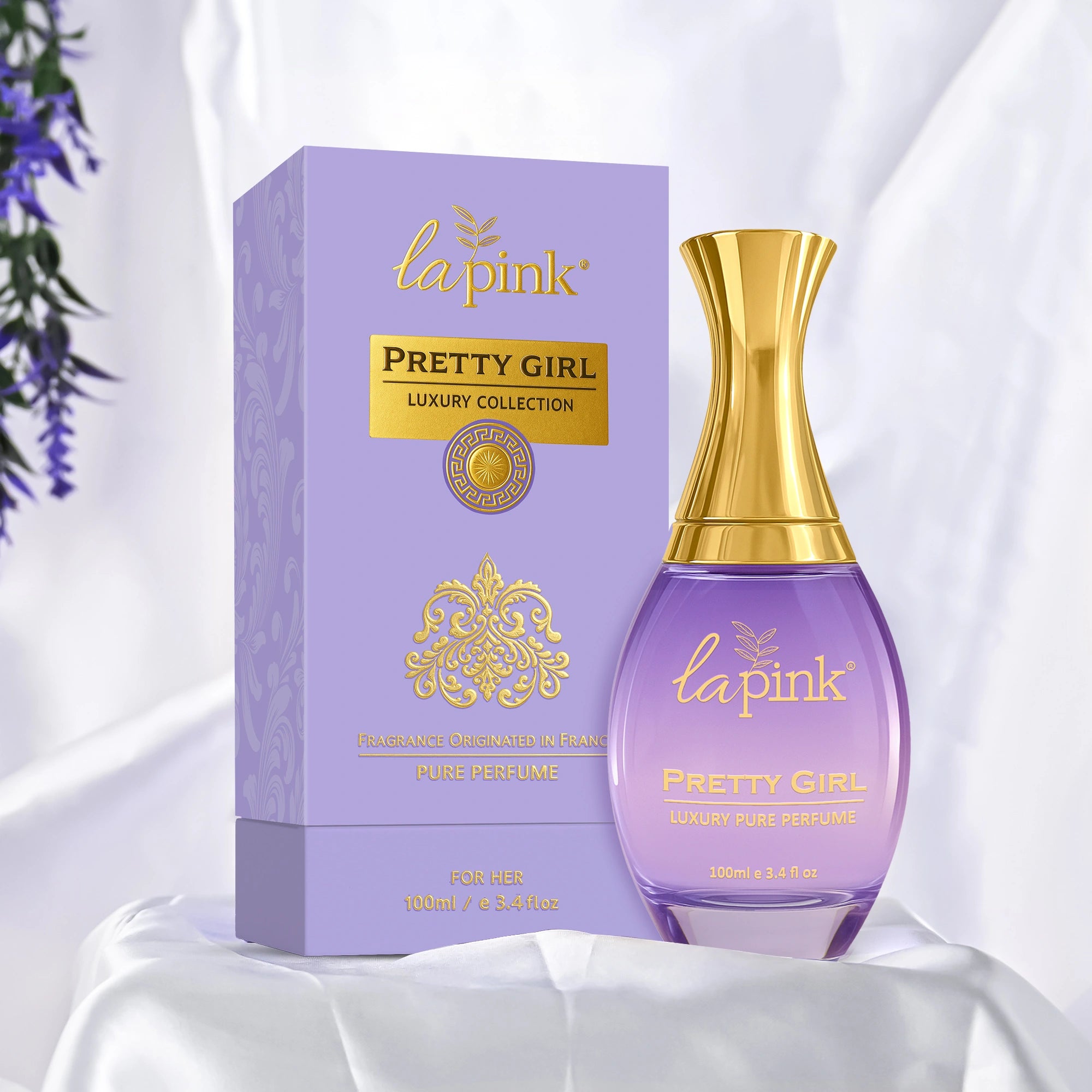 La Pink Pretty Girl perfume bottle and packaging on a white background