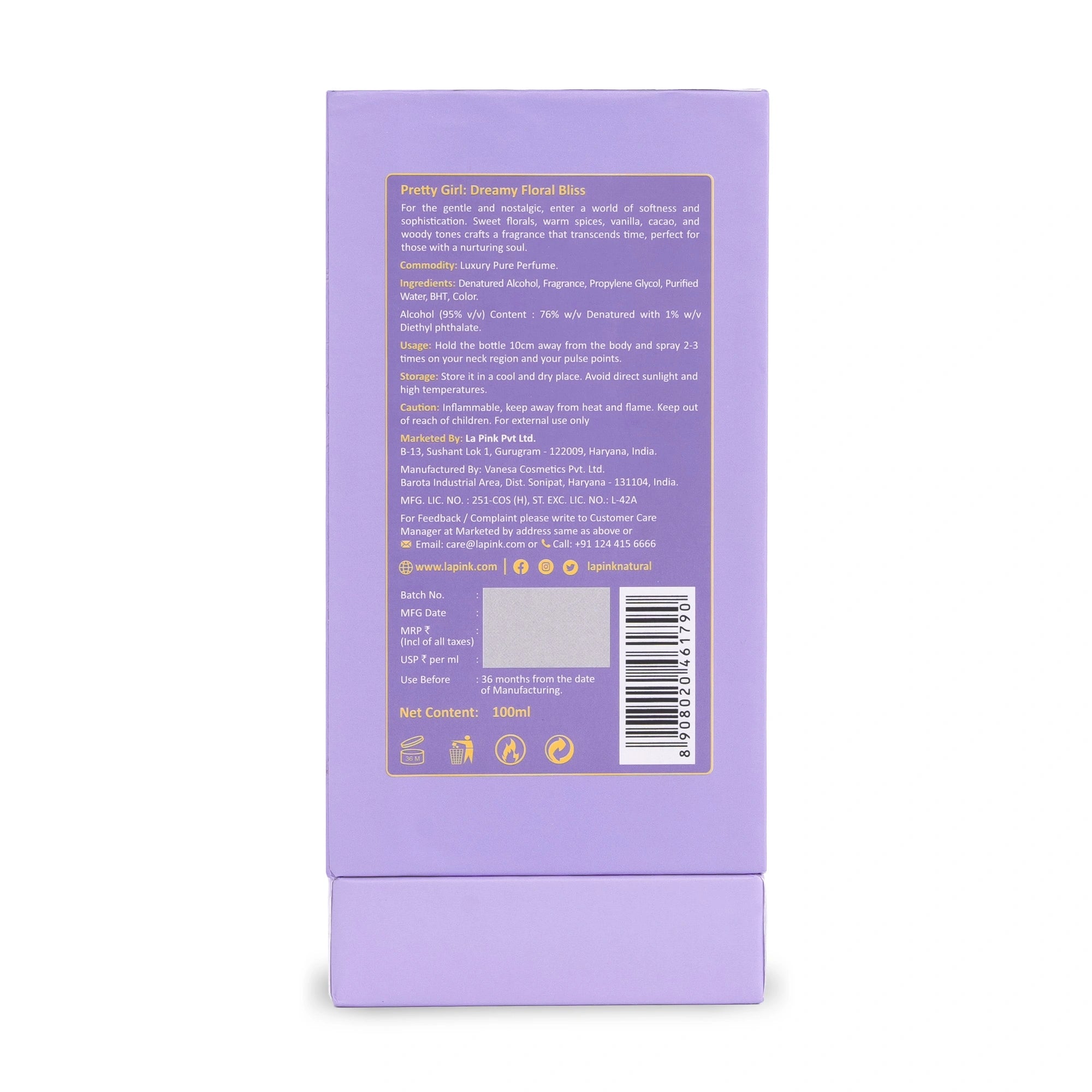 Back view of a purple product packaging with text and a barcode on a white background