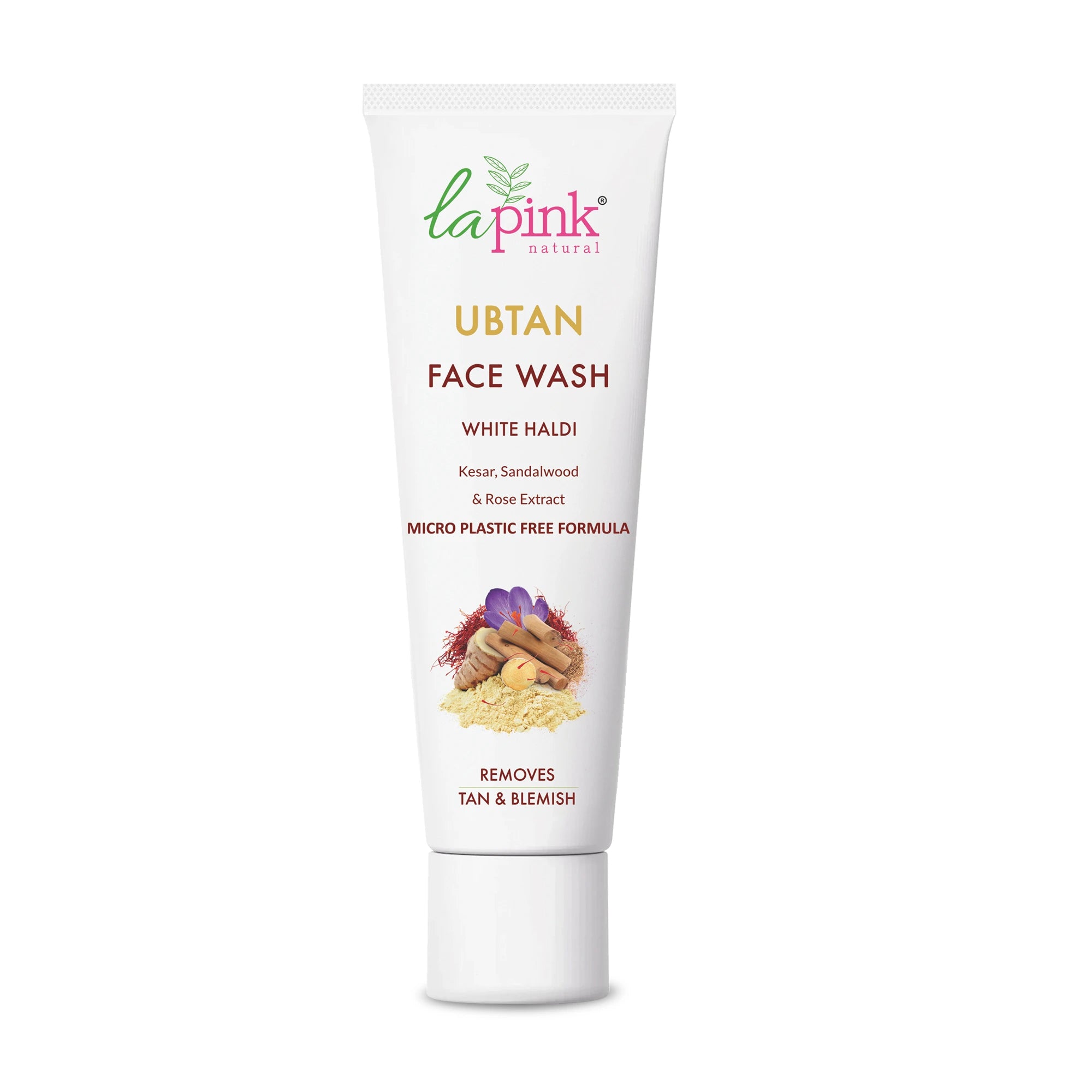 Tube of La Pink Ubtan Face Wash on a white background