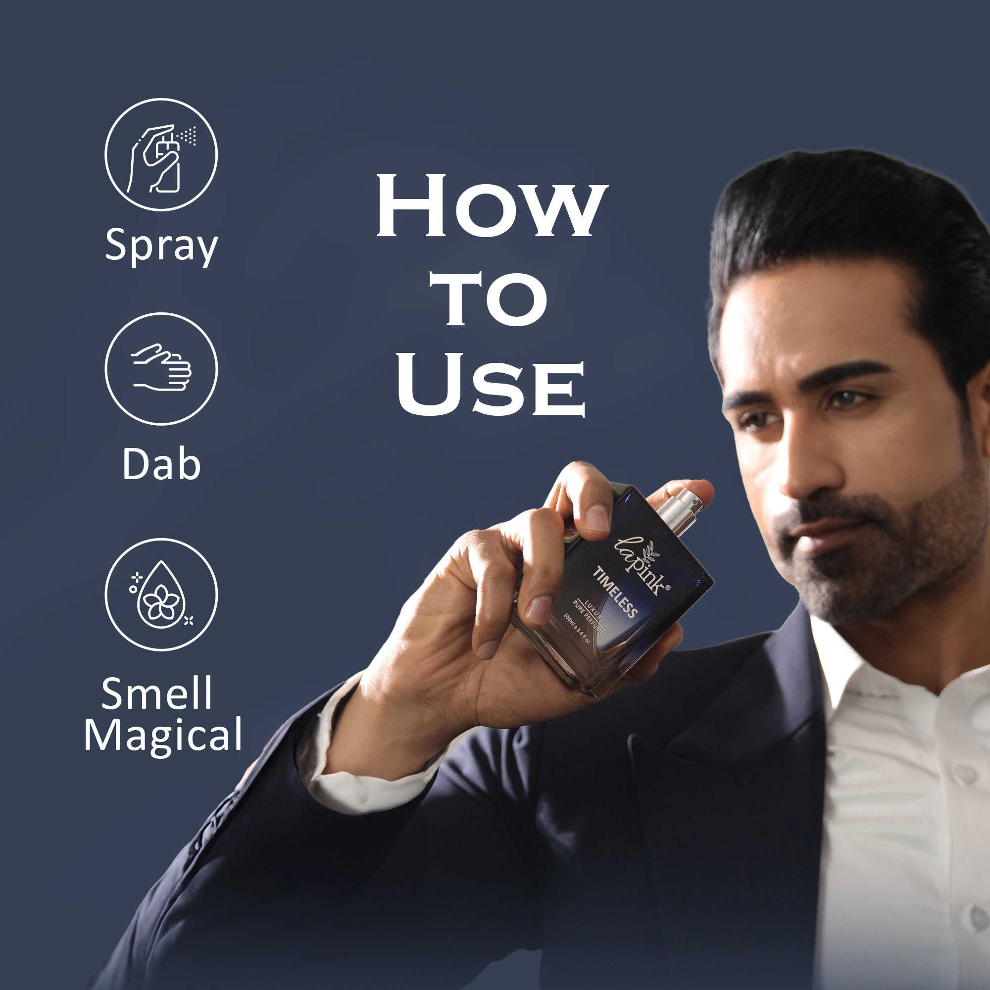 Man holding a perfume bottle with instructions on how to use it on a dark background