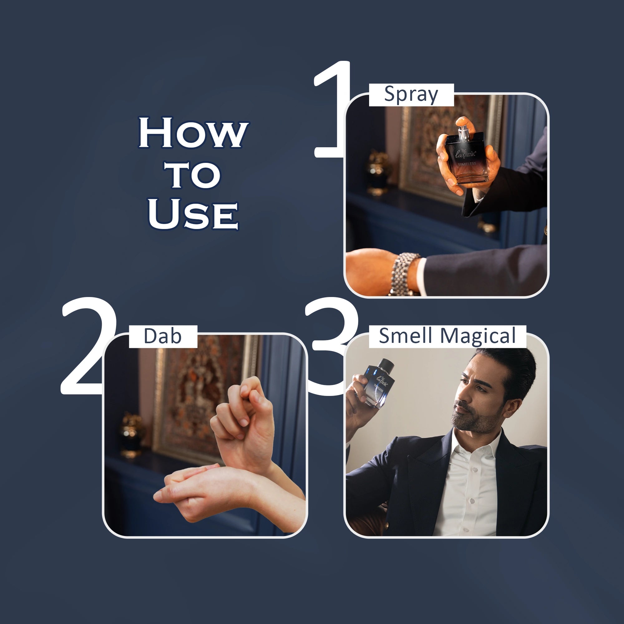 Instructions on how to use a product with images and text on a dark blue background