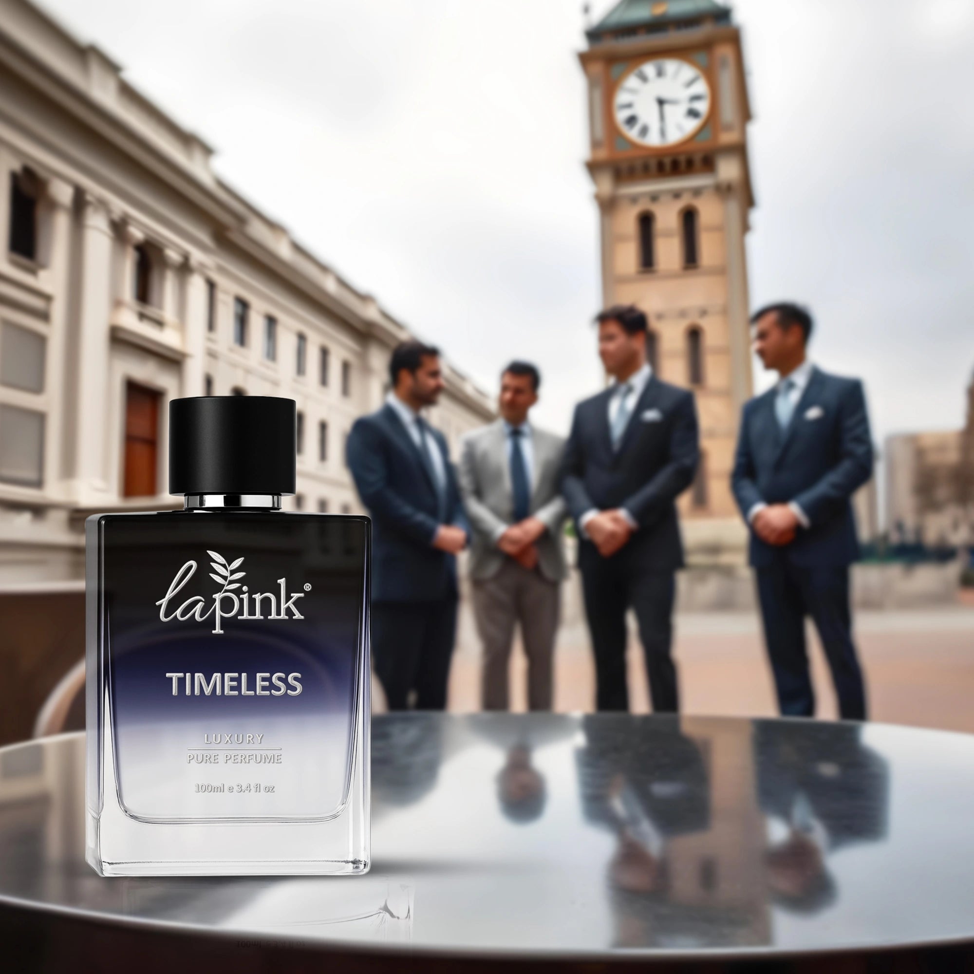 Lapink Timeless cologne bottle on a table with a blurred background of men in suits and a clock tower.