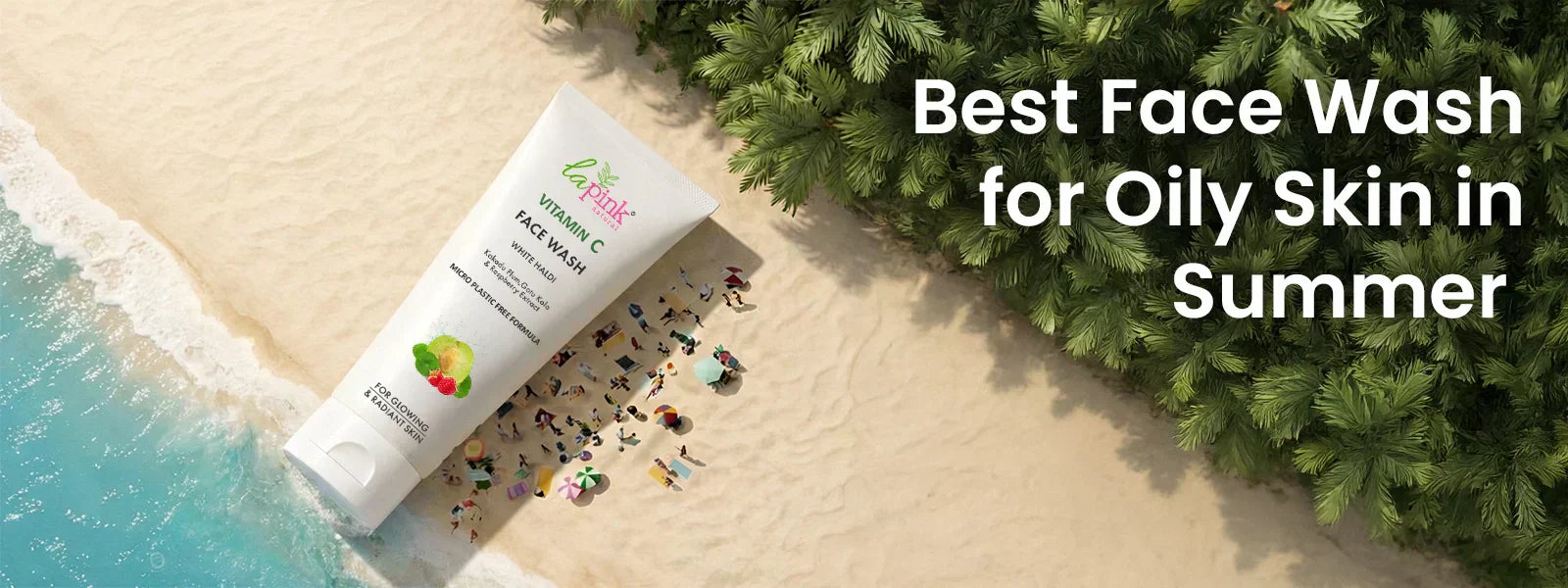 Tube of face wash on a sandy beach with people and ocean, surrounded by greenery.