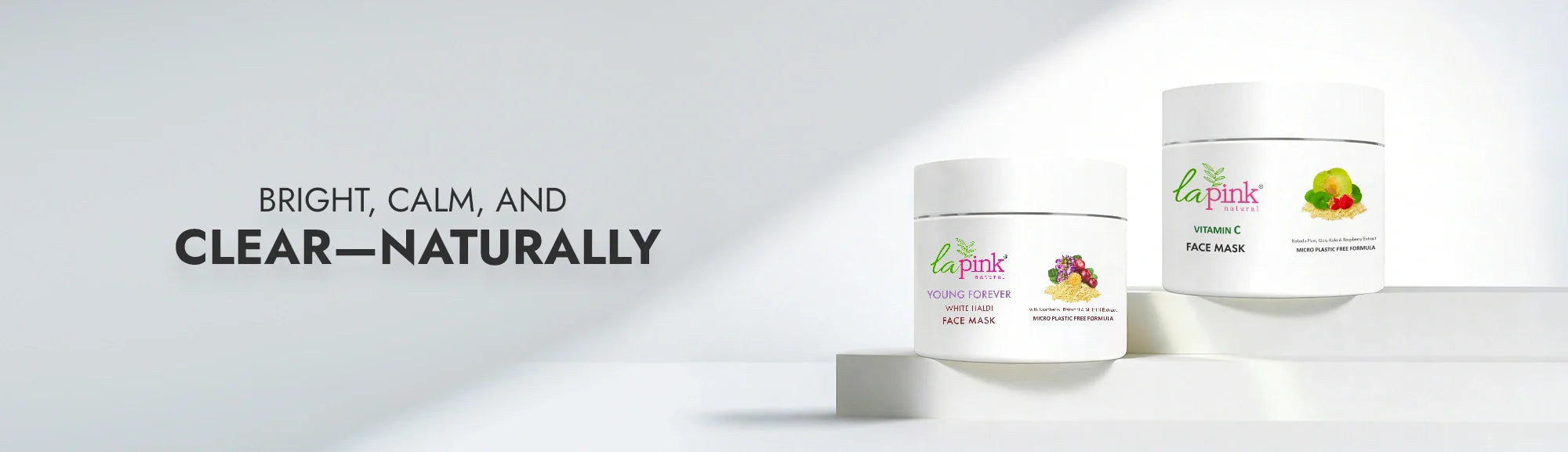 Two jars of a skincare product with a white background and text 'Bright, Calm, and Clear-Naturally'.