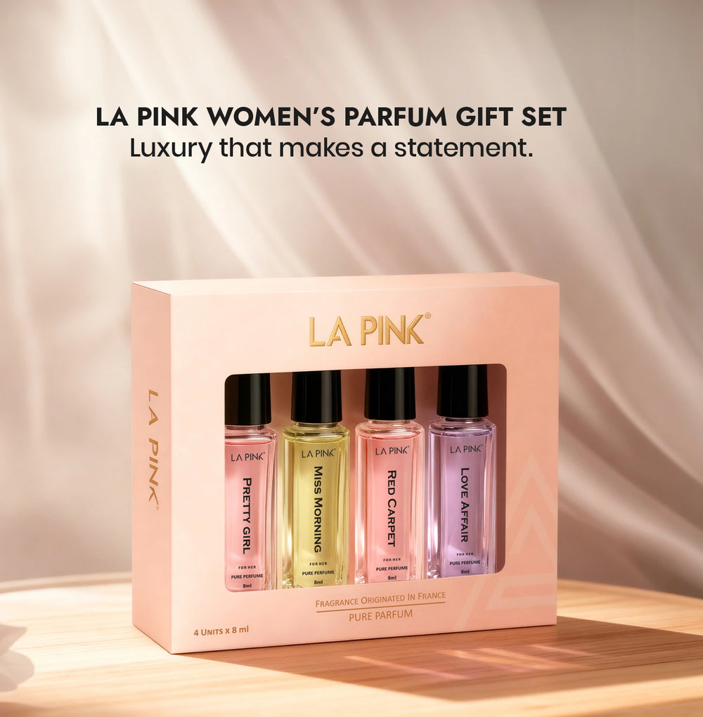 LA Pink women's parfum gift set with four small bottles in a pink box on a light background.