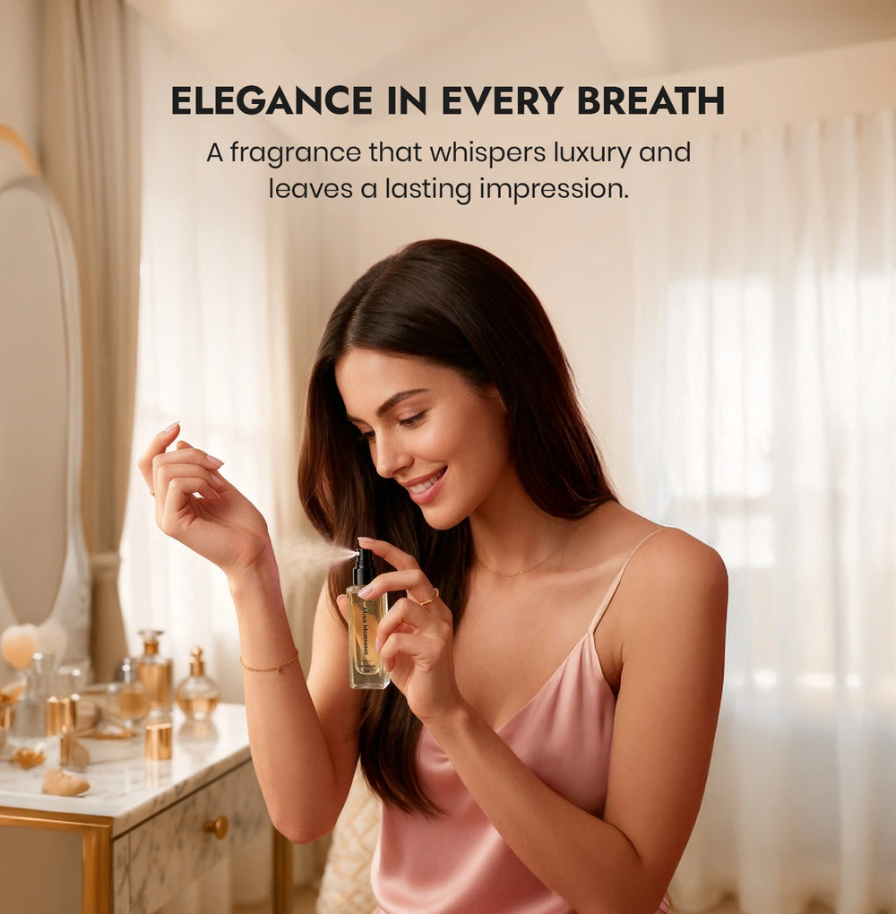 Woman applying perfume with text about fragrance's luxury and lasting impression
