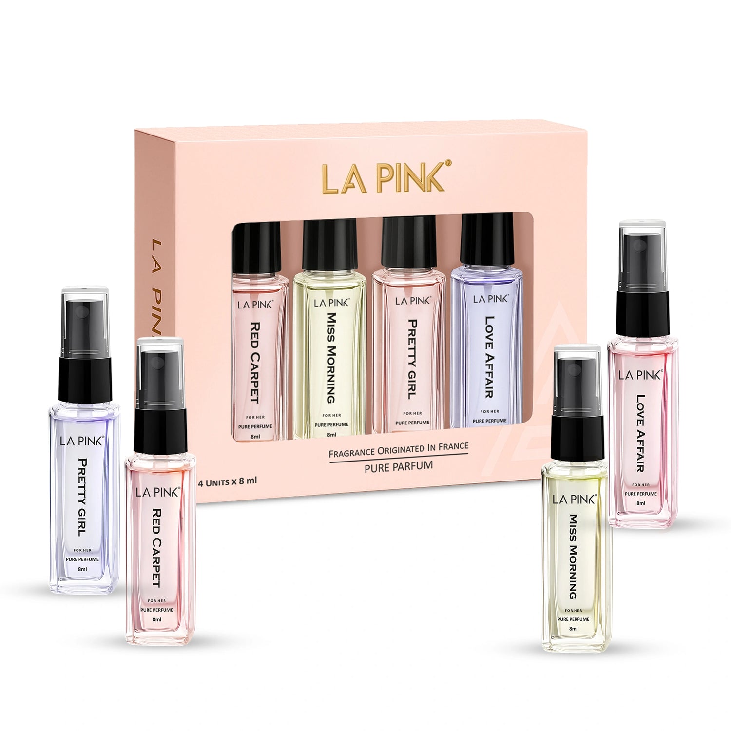Set of La Pink perfume bottles with packaging on a white background