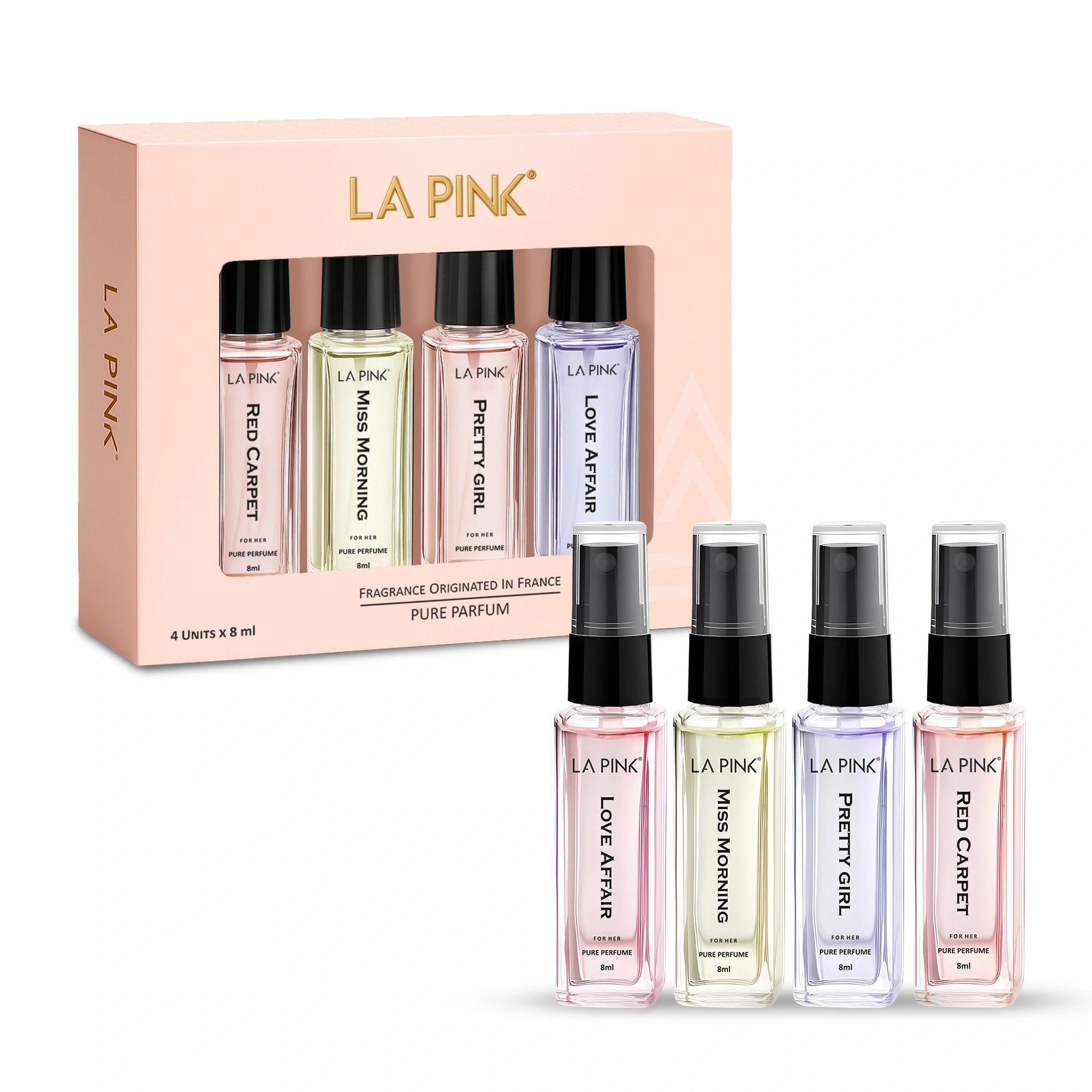 Set of La Pink perfume bottles with packaging on a white background
