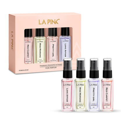 Set of La Pink perfume bottles with packaging on a white background