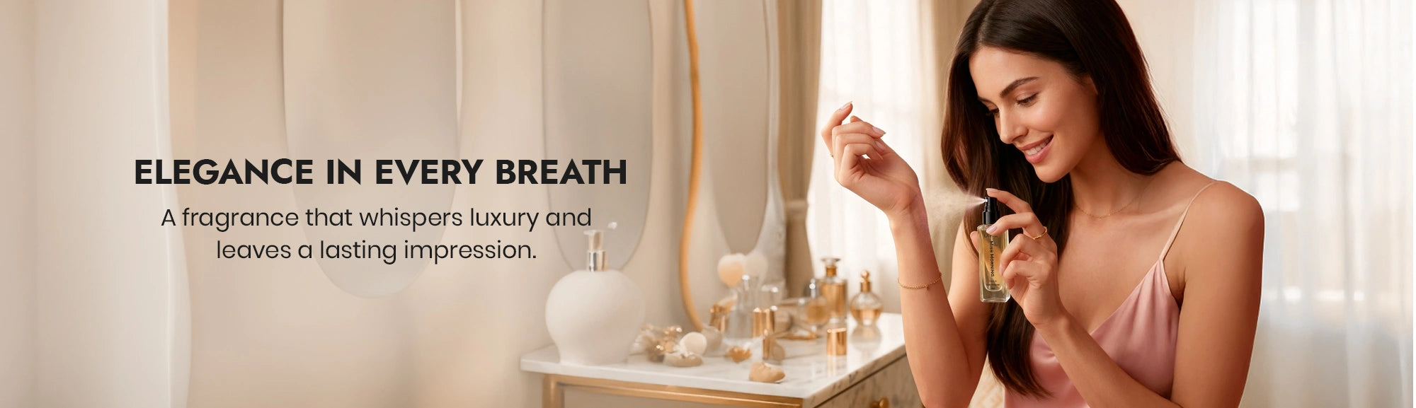 Woman holding a phone with a fragrance advertisement in the background