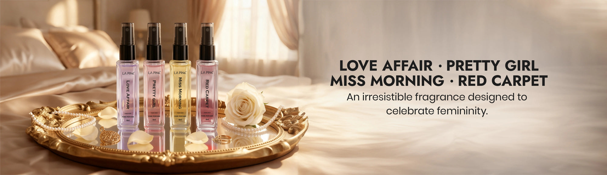 Set of perfume bottles on a decorative tray with text about fragrances.