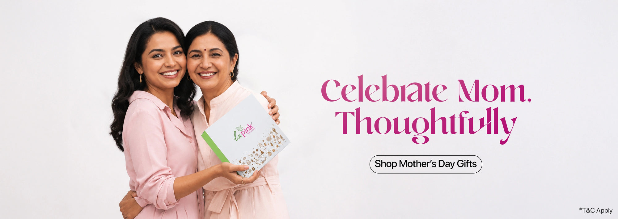 Two women holding a gift with text promoting Mother's Day shopping.