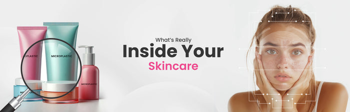 Skincare products with a woman examining her face, promoting 'What's Really Inside Your Skincare'.