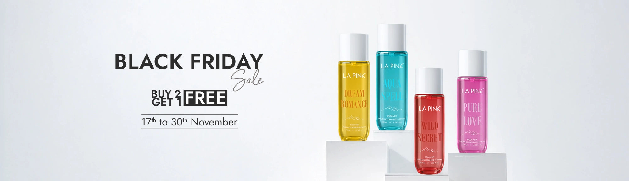 Five skincare bottles with Black Friday sale text on a white background