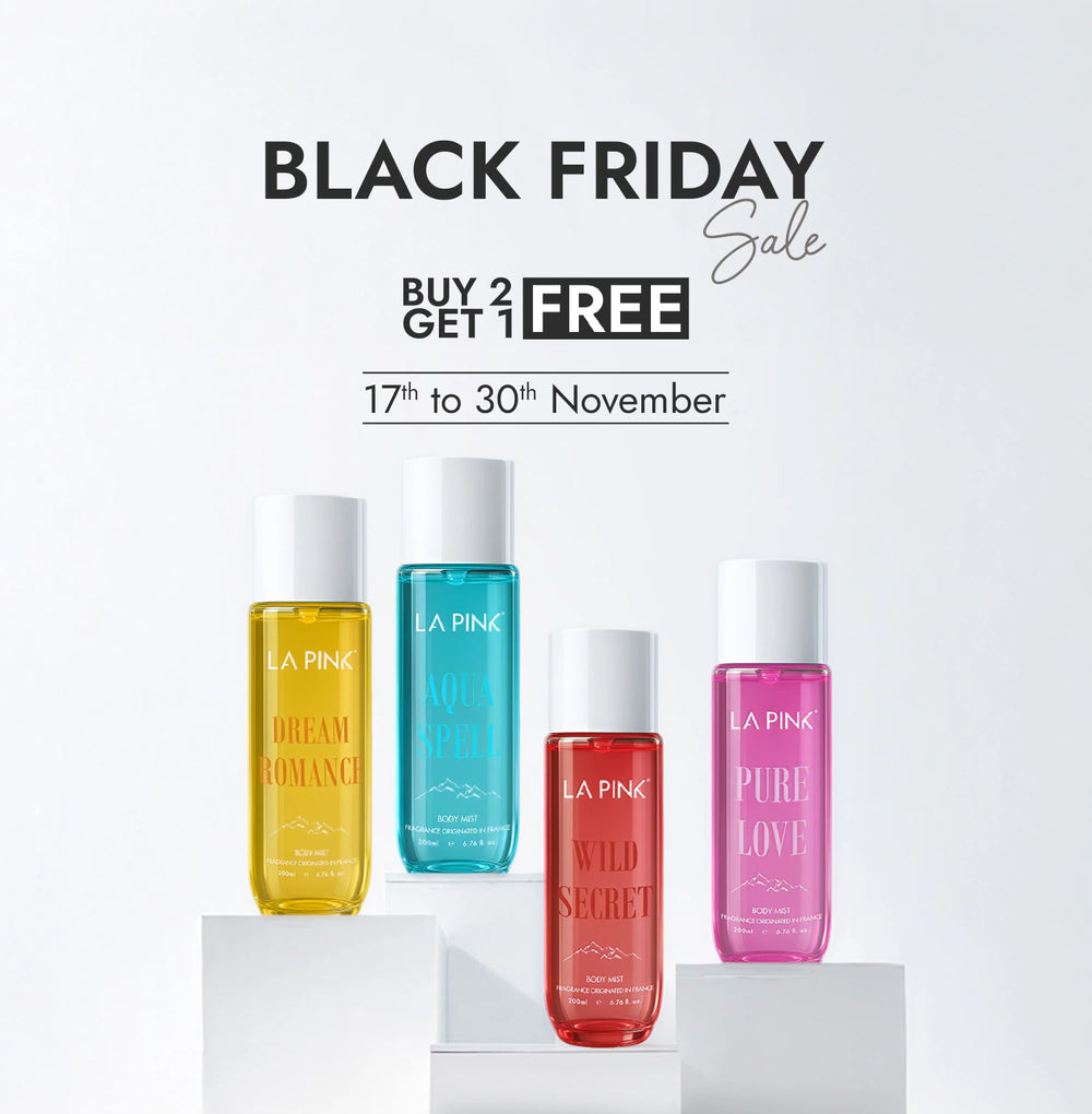 Four colorful bottles of 'La Pink' with a Black Friday sale promotion on a white background.