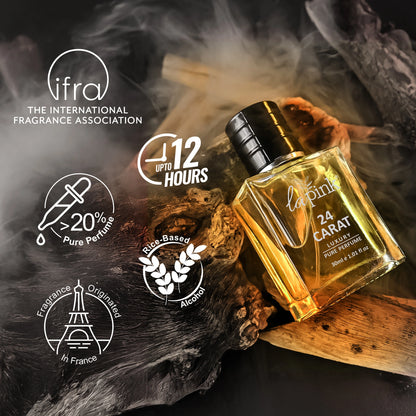Perfume bottle with smoke and wood elements, featuring the International Fragrance Association logo.