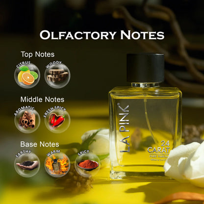A bottle of LA PINK 24 Carat Eau de Toilette perfume displayed on a yellow surface with white rose petals. The image includes an &