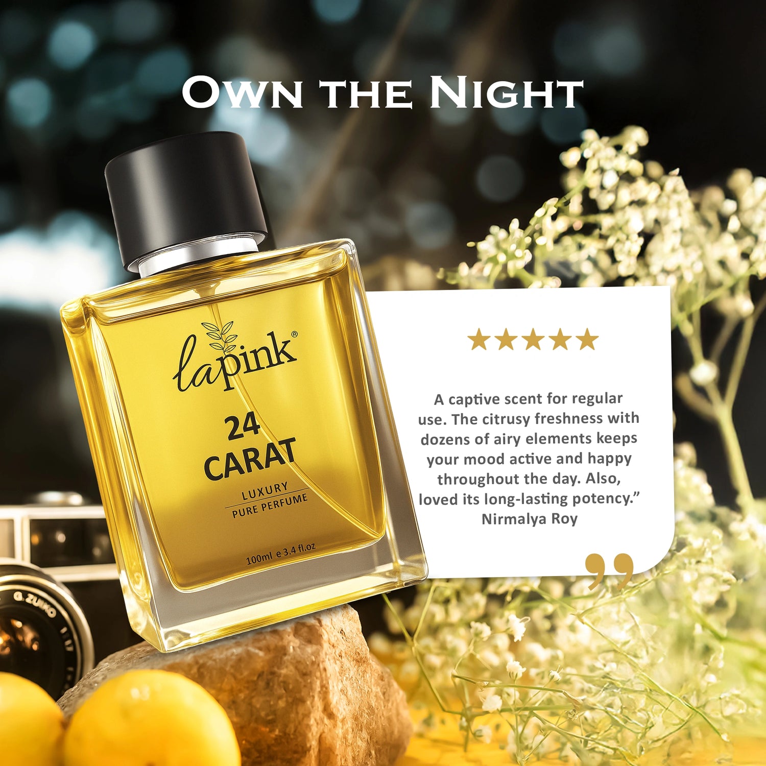 Lapink 24 Carat perfume bottle with a five-star rating card and decorative elements.