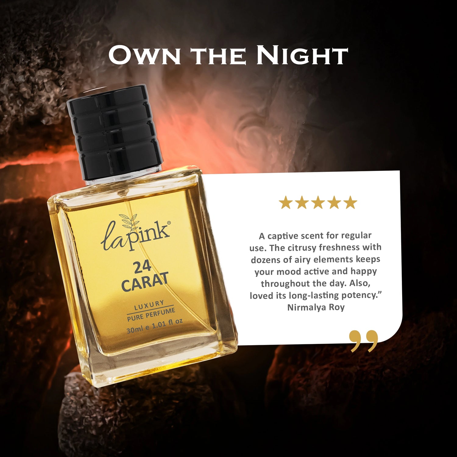 Lapink 24 Carat perfume bottle with a dark background and text about the product.