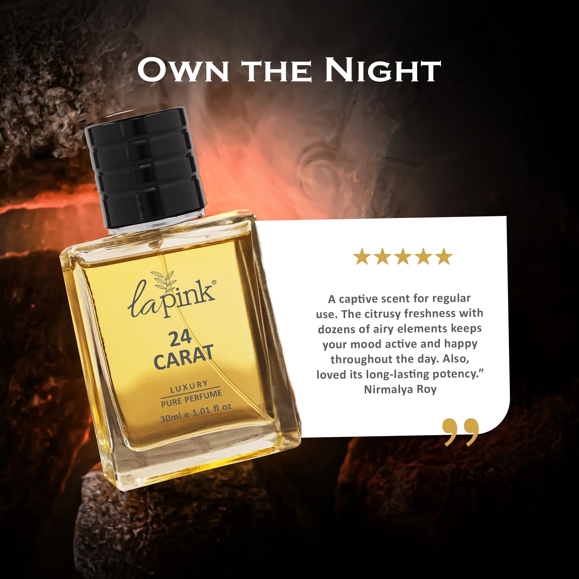 Lapink 24 Carat perfume bottle with a dark background and text about the product.