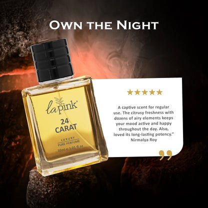 Lapink 24 Carat perfume bottle with a dark background and text about the product.