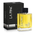 LA PINK 24 Carat Pure Parfum for men, featuring a clear glass bottle filled with golden-yellow liquid and a black cap, displayed next to its textured black packaging box with silver lettering.

