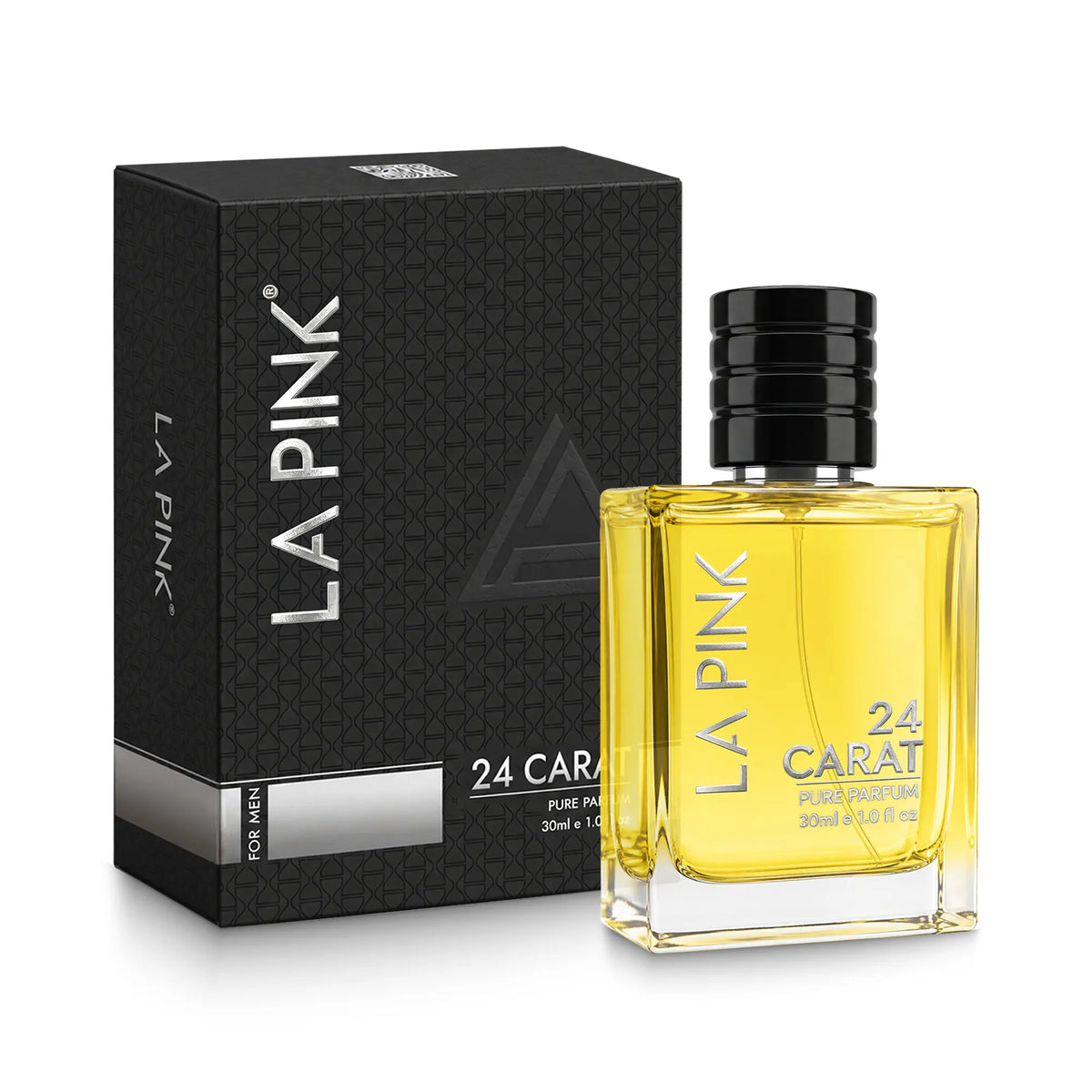 A bottle of LA PINK 24 Carat pure perfume with golden-yellow liquid, next to its black textured packaging box, on a white background.

