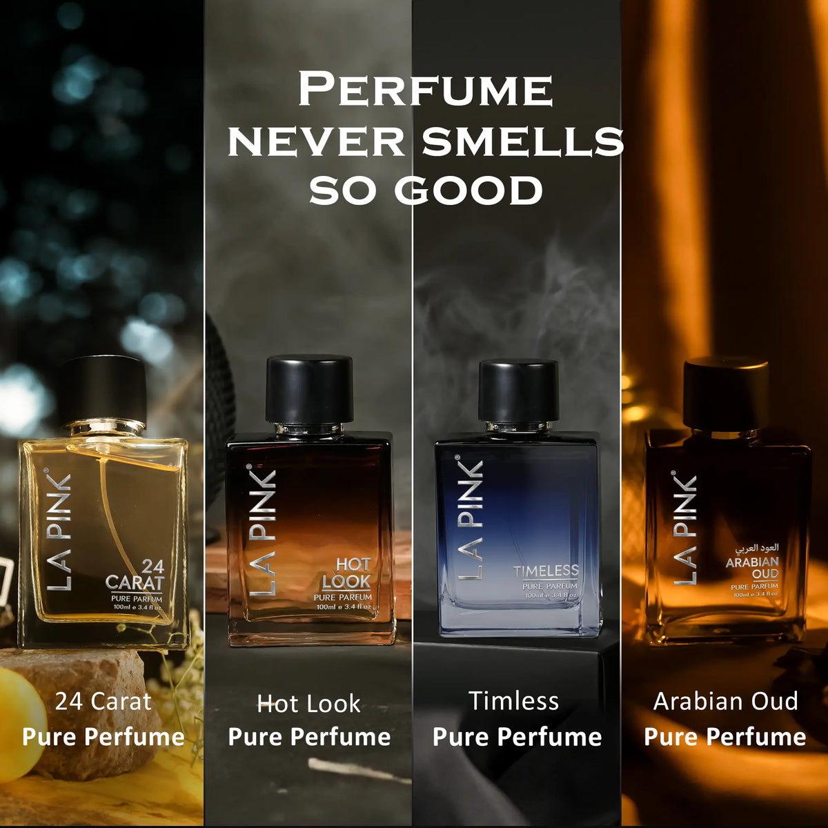 Four LA PINK perfume bottles shown in a promotional collage with the text &