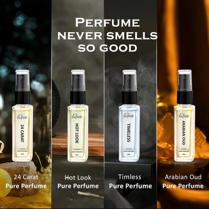 Four bottles of La Flute pure perfume with different scents on a dark background.