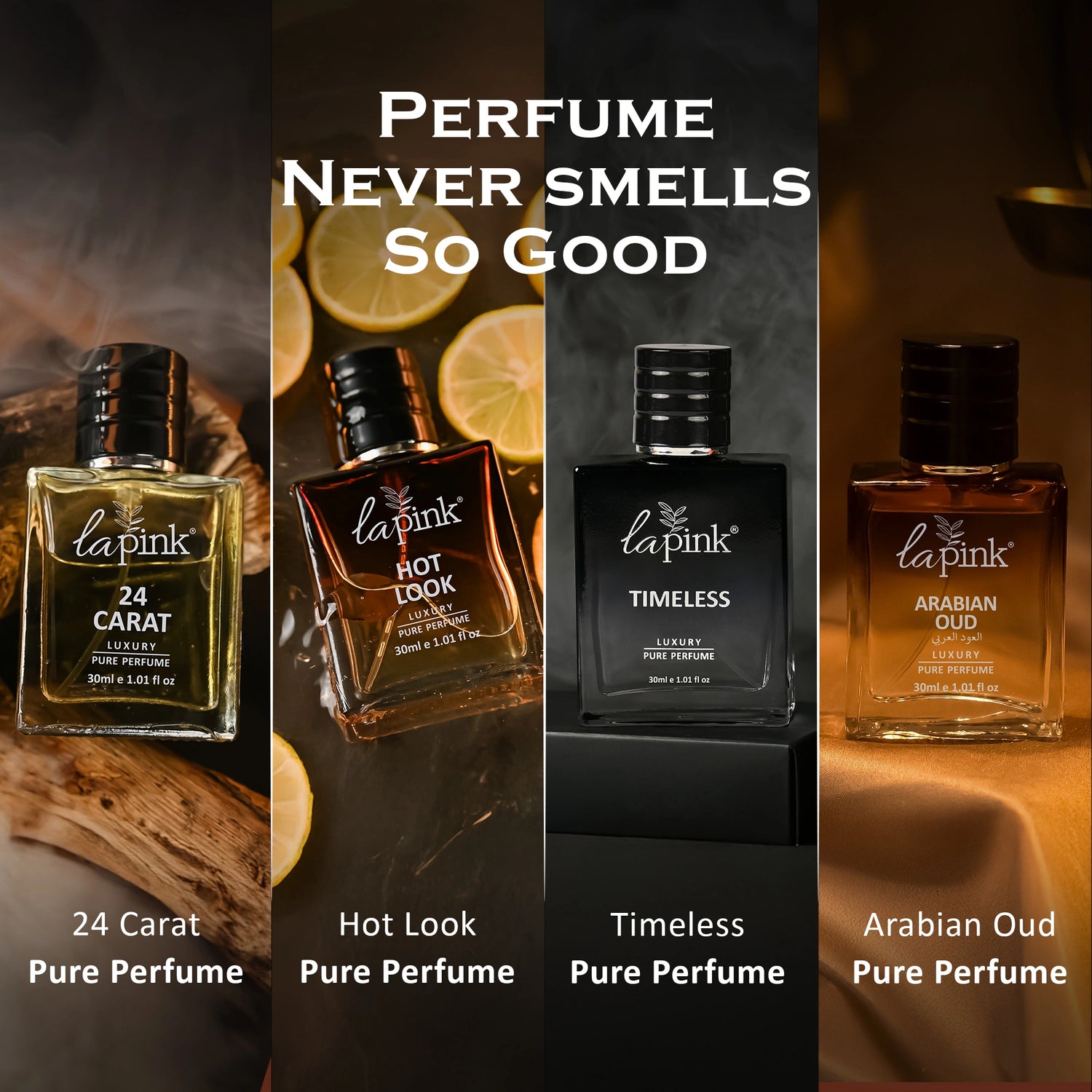 Four different bottles of lapink perfume with their names and scents displayed.