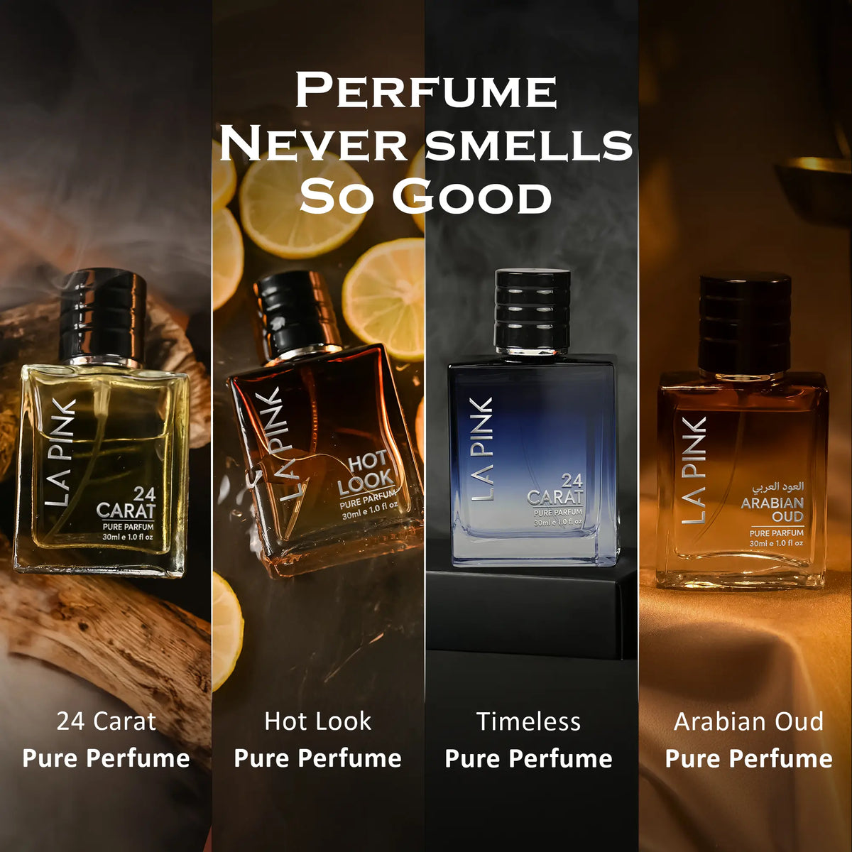 Four perfume bottles from LA PINK are shown in a four-panel promotional layout with the text &