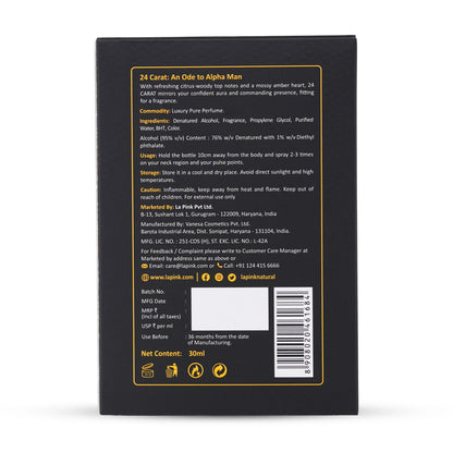 Back of a perfume bottle packaging with text and a barcode on a black background