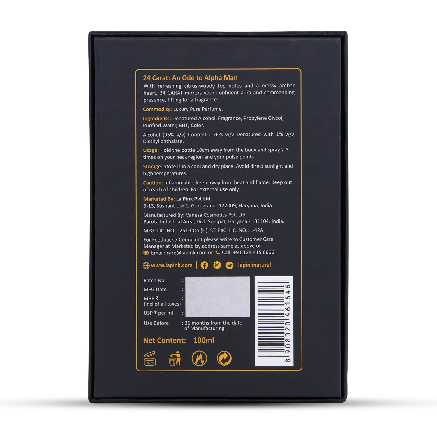 Back label of a product with text and branding on a black background