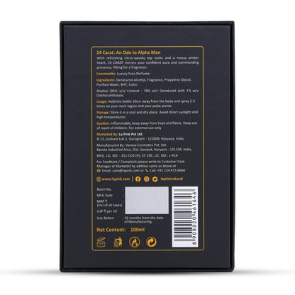 Back label of a product with text and branding on a black background