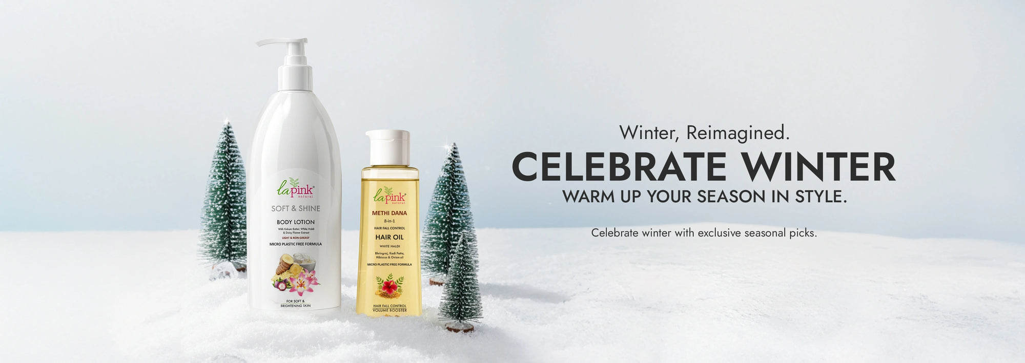 La Pink Meti Dana Hair Oil and Soft & Shine Body Lotion on winter background – Explore Hair Care Collection
