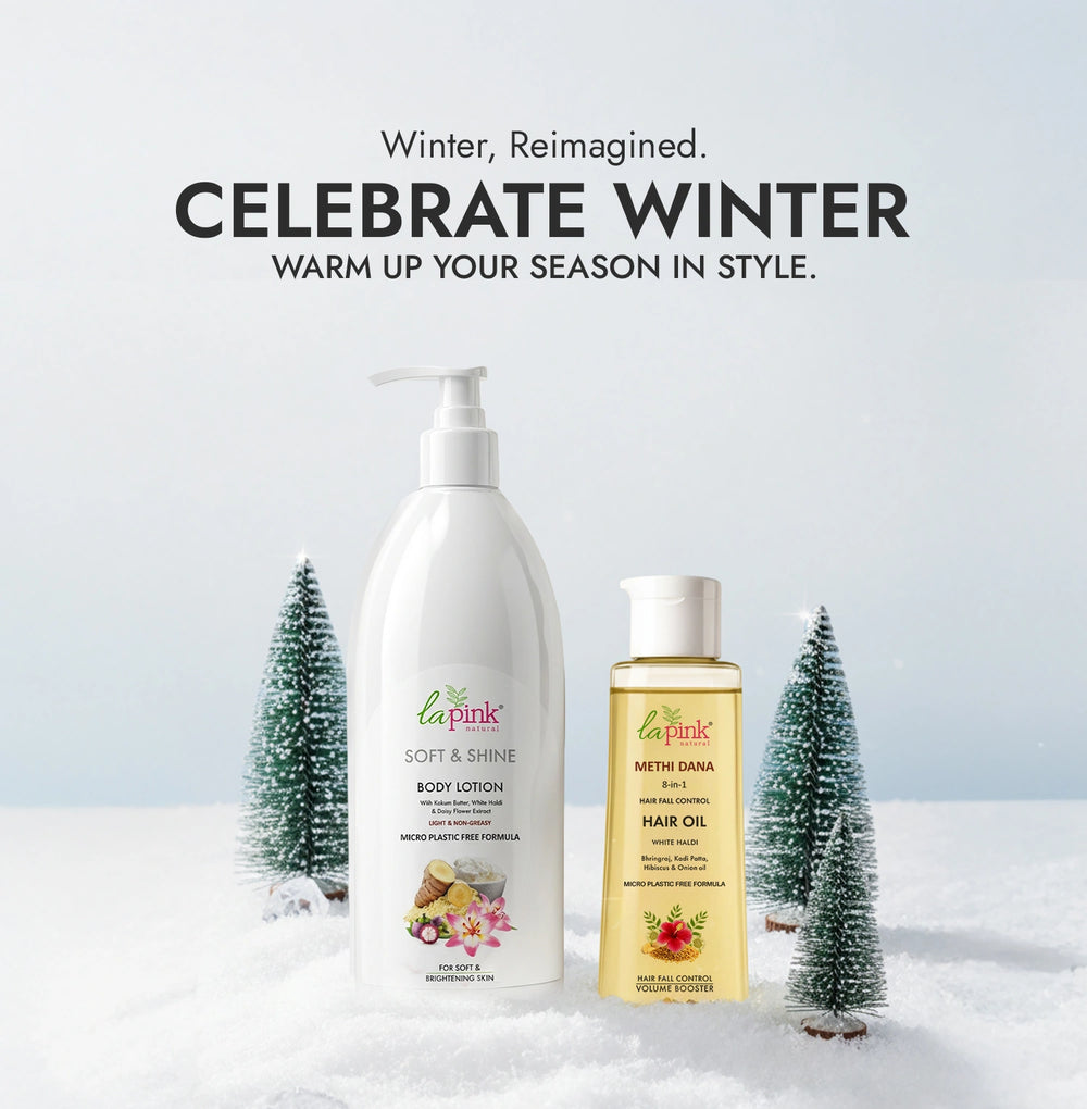 La Pink Meti Dana Hair Oil and Soft & Shine Body Lotion on winter background – Explore Hair Care Collection
