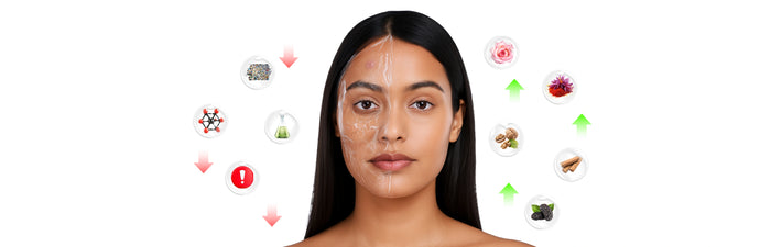 Woman with long dark hair and minimal makeup, surrounded by various icons on a white background
