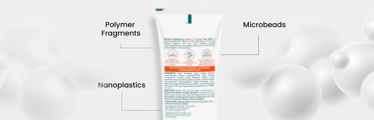 Product packaging with labels for Polymer Fragments, Microbeads, and Nanoplastics on a white background.