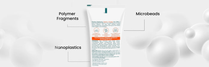 Product packaging with labels for Polymer Fragments, Microbeads, and Nanoplastics on a white background.