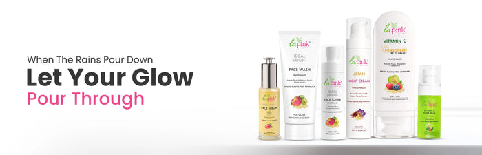 Cosmetic products with a promotional message on a white background