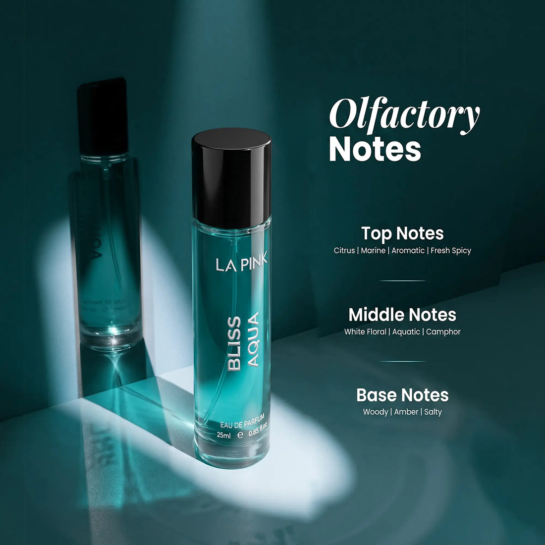 A 30ml bottle of La Pink Bliss Aqua Eau de Parfum stands in front of a larger, out-of-focus bottle. The image features a dark teal background with dramatic spotlighting and text overlays detailing the fragrance&