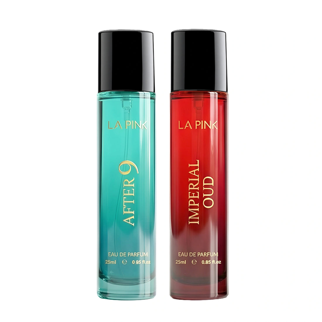 Two perfume bottles, one blue and one red, with &