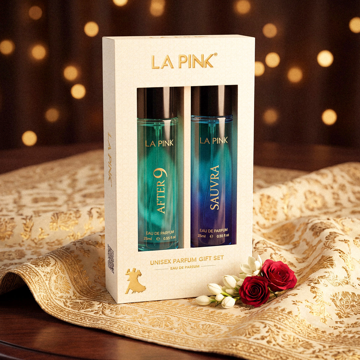 LA PINK Unisex Parfum Gift Set containing two 100ml bottles, &