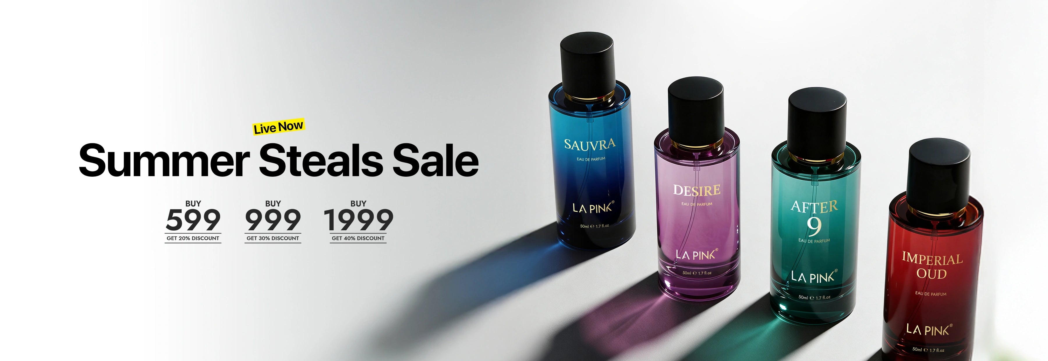 Four perfume bottles with a 'Summer Steals Sale' text overlay on a white background