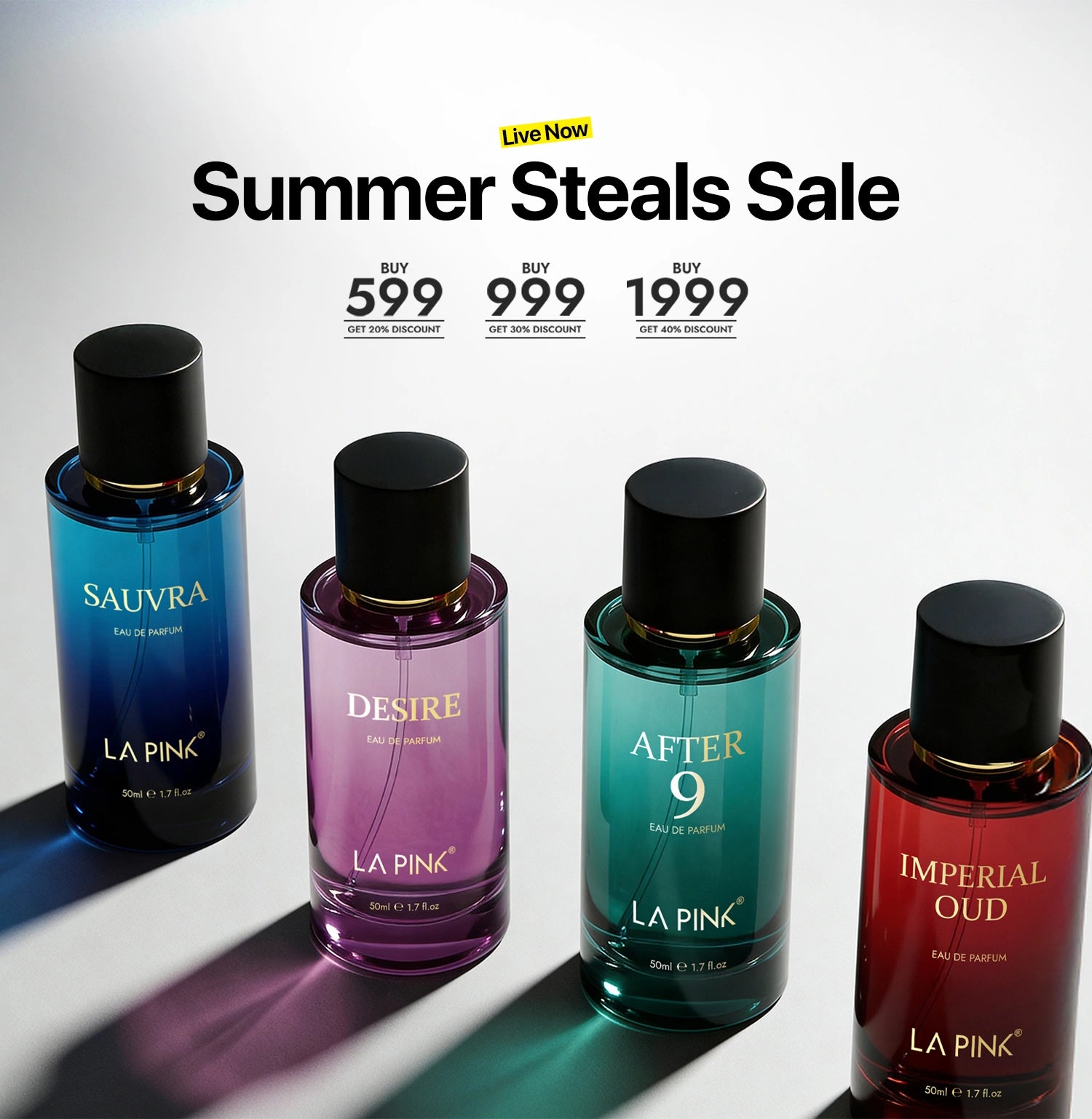 Four La Pink perfume bottles with 'Summer Steals Sale' text and pricing on a light gray background.