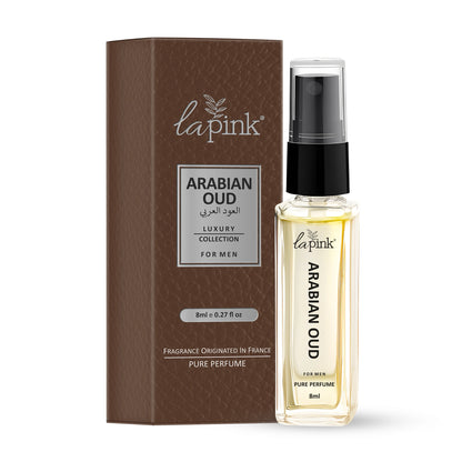 Perfume bottle and packaging of lapink Arabian Oud on a white background