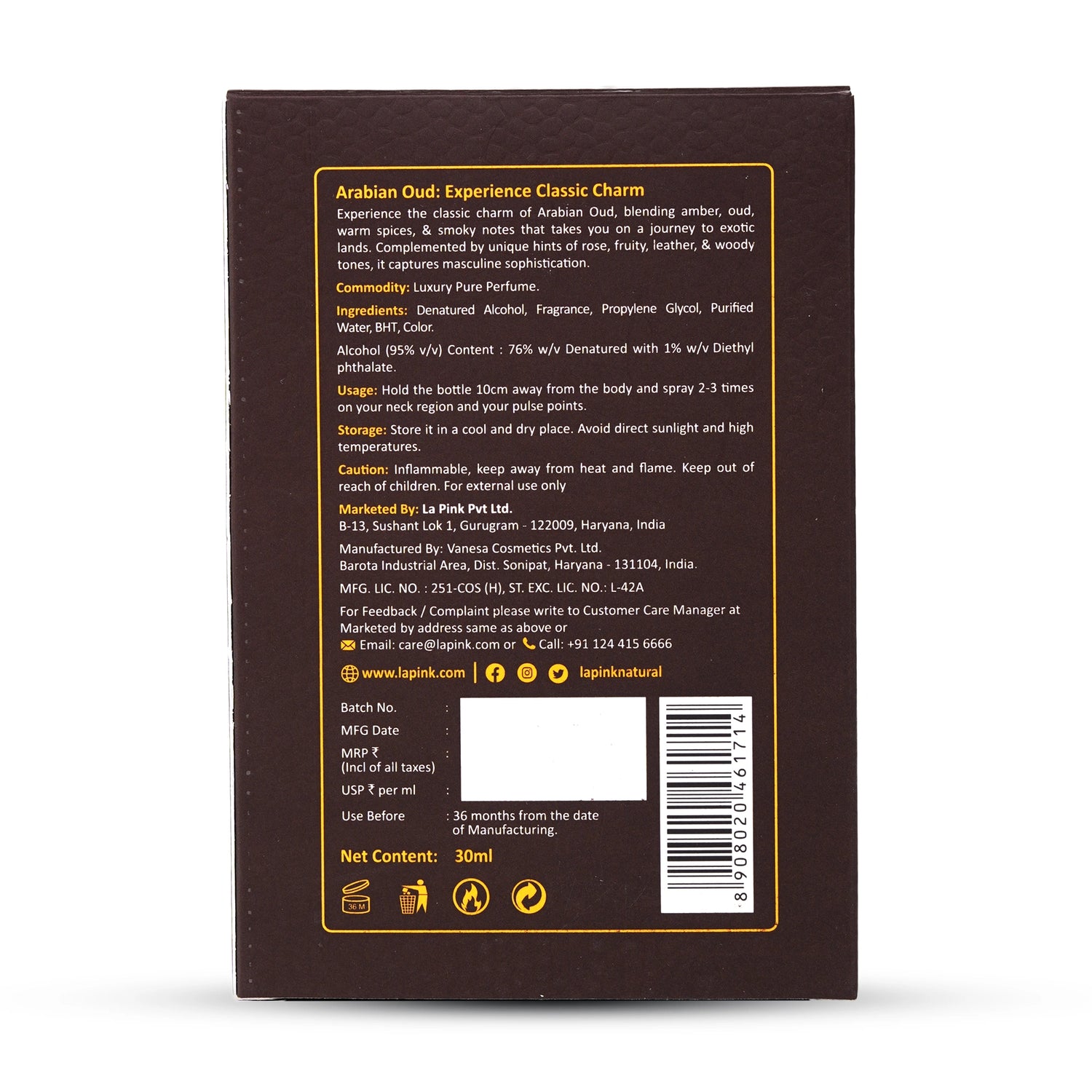 Back of a perfume bottle packaging with text and branding details on a white background